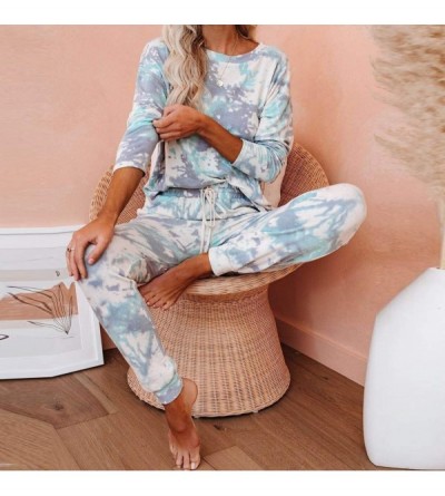 Sets Womens Pajama Sets-Womens Long Sleeve Tie Dye Long Pajamas Set Loose Sleepwear Sweatsuit Night Shirts with Pockets - Gre...