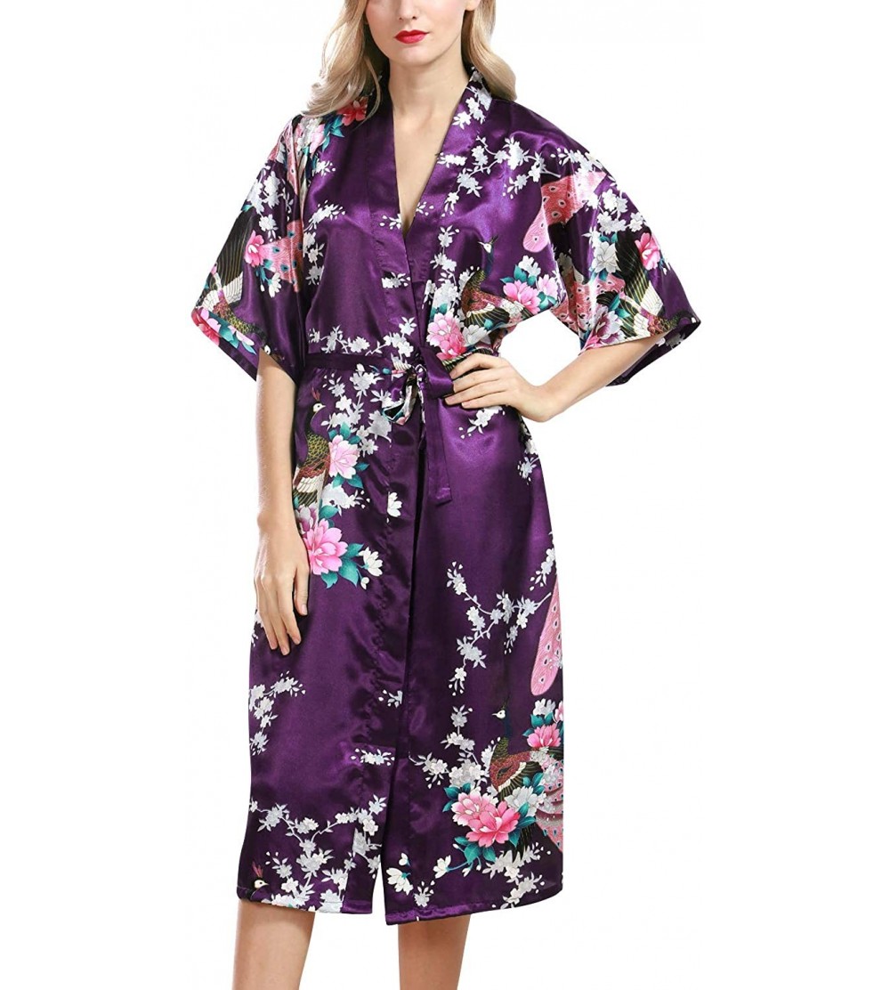 Robes Women's Dressing Gown Kimono Bathrobe Satin Peacock Robe Bridesmaid Nightwear Nightgown - Purple - CD18OURH7NC $24.50