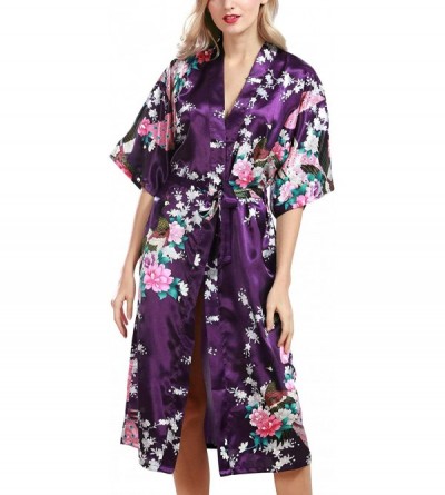 Robes Women's Dressing Gown Kimono Bathrobe Satin Peacock Robe Bridesmaid Nightwear Nightgown - Purple - CD18OURH7NC $24.50