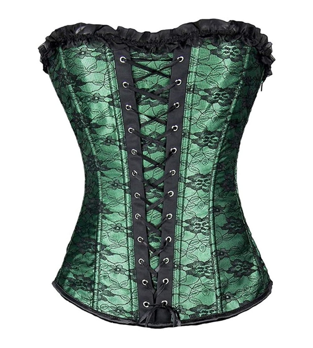 Bustiers & Corsets Women Retro Lace up Corset Overbust G-String Top Corset Plastic Boned-C267 - Green - C4192OCG6X7 $30.21