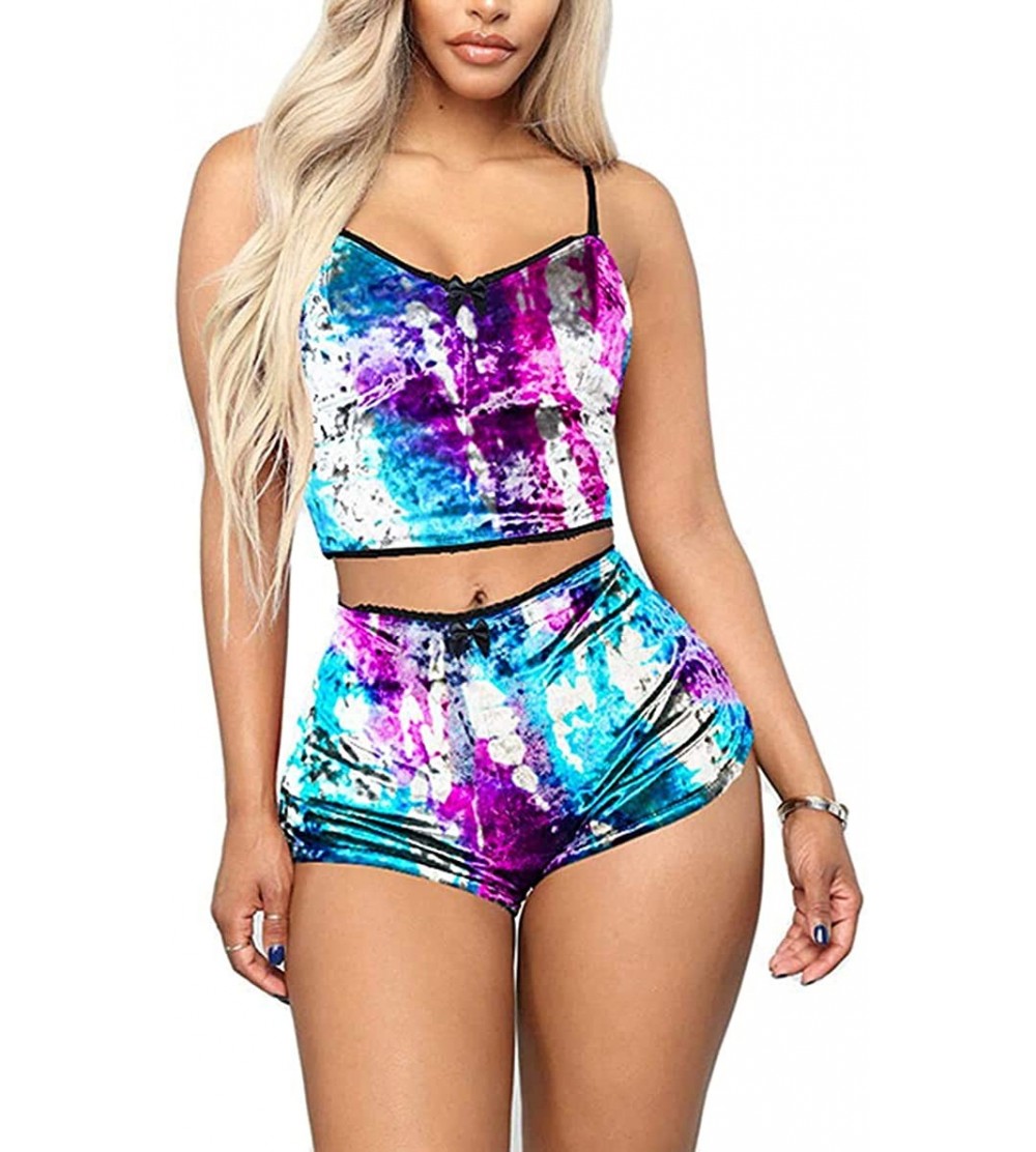 Sets Women's Sexy Velvet 2 Piece Outfit Spaghetti Strap Sleeveless Crop Top + Shorts Pajama Set - Blue+purple - CT19D6DWX7H $...