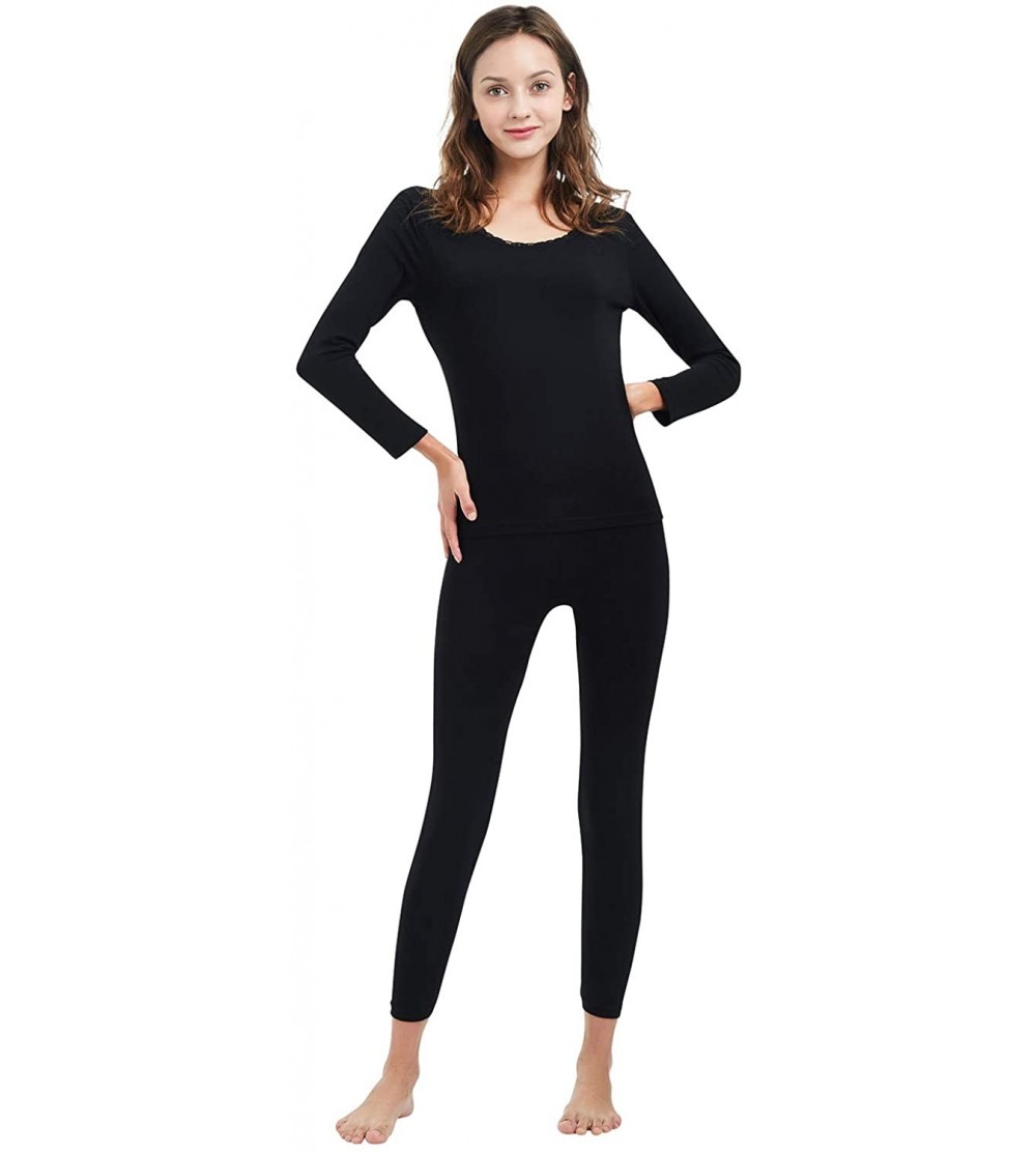 Thermal Underwear Women's Cotton Lace Crew Neck Thermal Underwear Set Lightweight Long Johns for Women - Black - CP18XQ5ZGR8 ...