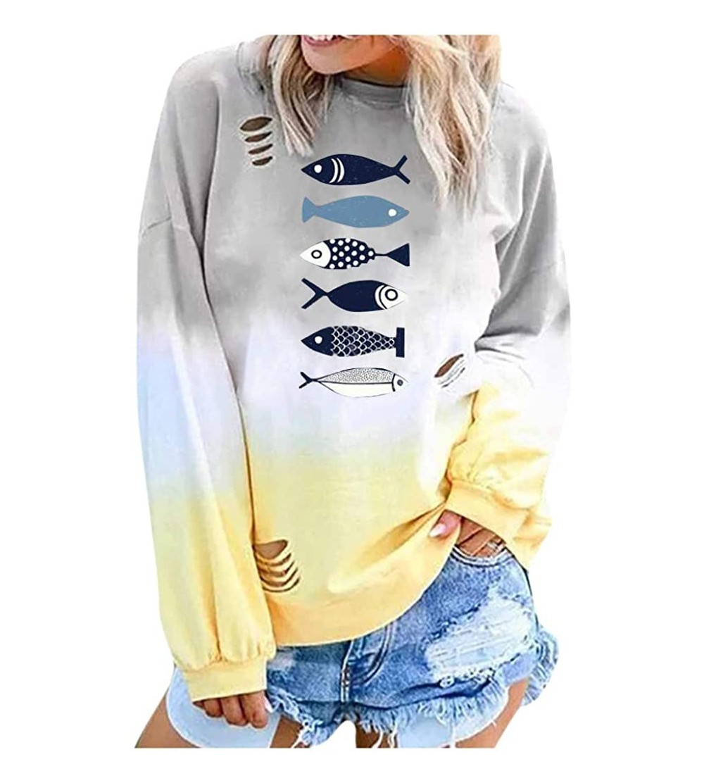 Tops Fashion Women Gradient Contrast Color Pullover Shredded Top Letter Printed Long Sleeve O-Neck Casual Top Sweatshirt - Ye...