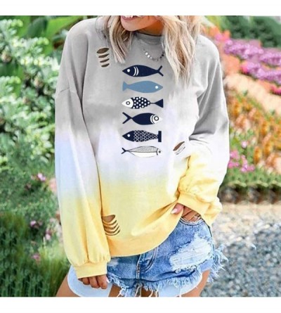 Tops Fashion Women Gradient Contrast Color Pullover Shredded Top Letter Printed Long Sleeve O-Neck Casual Top Sweatshirt - Ye...