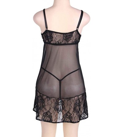 Nightgowns & Sleepshirts Mini V Neck Teddy Babydoll Women's Lace Lingerie Set with G-String - Black-3 - CW190L4SQ7S $21.69