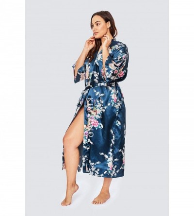 Robes Plus Size Women's Satin Kimono Robe Long - Floral - Peacock & Blossoms - Sapphire - CI19CW4L7ZI $33.43