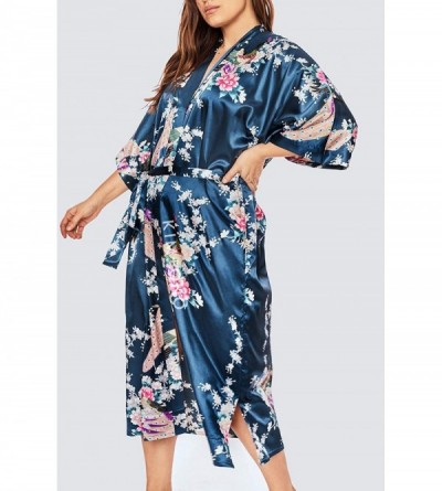 Robes Plus Size Women's Satin Kimono Robe Long - Floral - Peacock & Blossoms - Sapphire - CI19CW4L7ZI $33.43