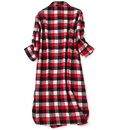 Nightgowns & Sleepshirts Women's Sleep Shirt Flannel Print Pajama Top Button-Front Nightshirt Sleepwear - Long Red - CE1925LO...