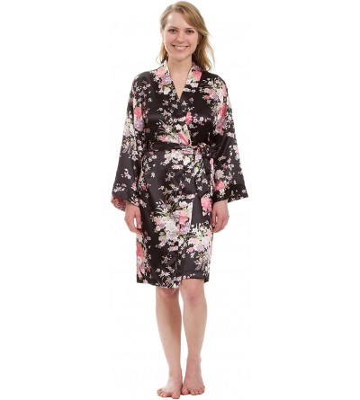 Robes Women's Robe- Vintage Satin Floral Robe 36" - Black - CP11AZTLIF3 $29.54