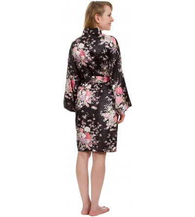 Robes Women's Robe- Vintage Satin Floral Robe 36" - Black - CP11AZTLIF3 $29.54