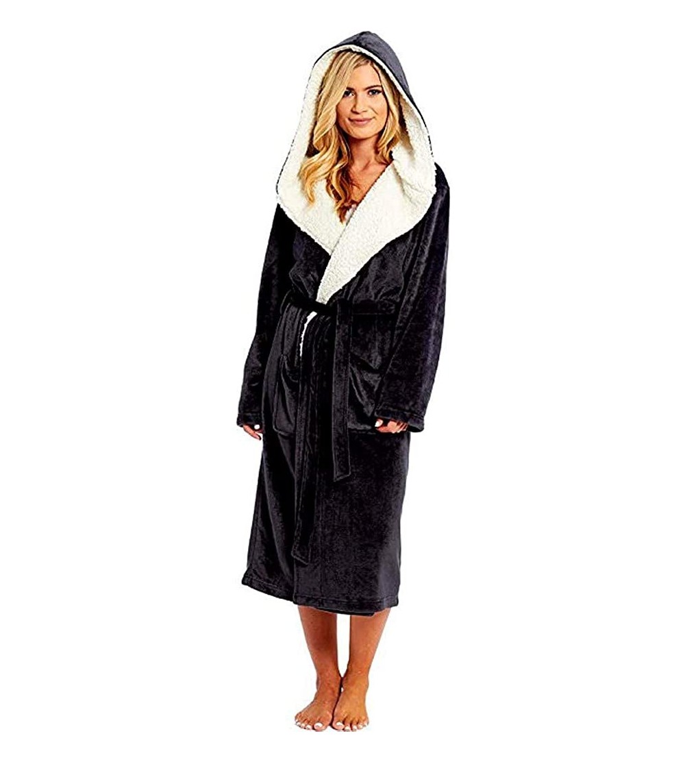 Robes Womens Soft Plush Fleece Robes Long Bathrobe Kimono Robes for Womens Warm House Coat - Black - CW194EYG46U $25.74