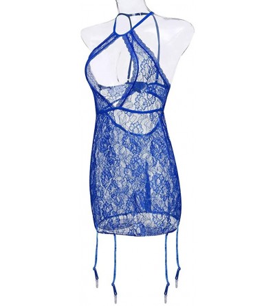 Robes Plus Size Women's Halter Lace Lingerie Keyhole Mesh Stretch Babydoll Chemise with Garters - Blue - C918UX7Q3X3 $12.77