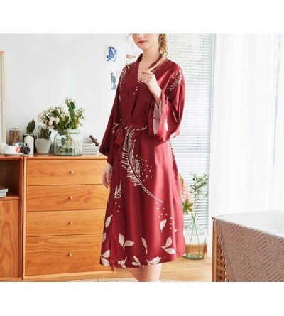 Robes Kimono Dress Woman in Satin by Night- Along Bathrobe for Women-Red-XL - CG194TCN0YZ $35.94