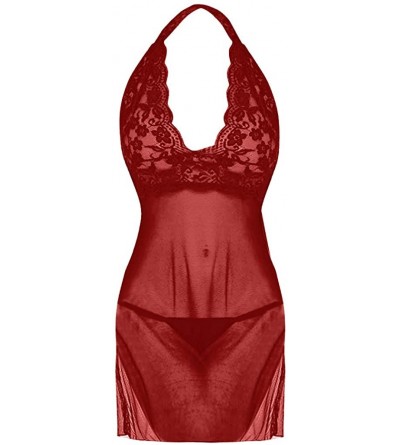 Nightgowns & Sleepshirts Women See Through Backless Lingerie Babydoll Dresses Sexy Halter V Neck Sleepwear Bodysuit - Wine Re...