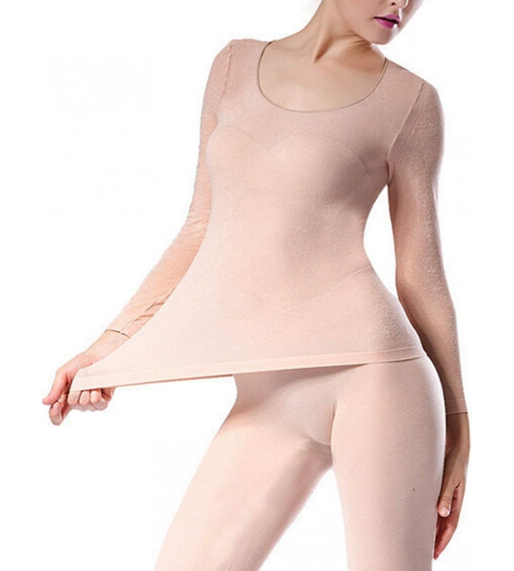 Thermal Underwear Seamless Scoop Neck Super Thin Thermal Base Layer Set Top and Bottom - Nude - C412MR73903 $17.36