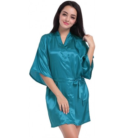 Robes Women's Half Sleeve Soft Satin Bridal Kimono Robe Short Bathrobe for Bride - Teal - CV186T9E4KU $19.14