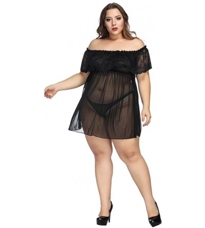 Robes Women's Plus Size Lace Babydoll Chemise Lingerie Dress Sleepwear - Black01 - CF1976HC6R5 $20.96