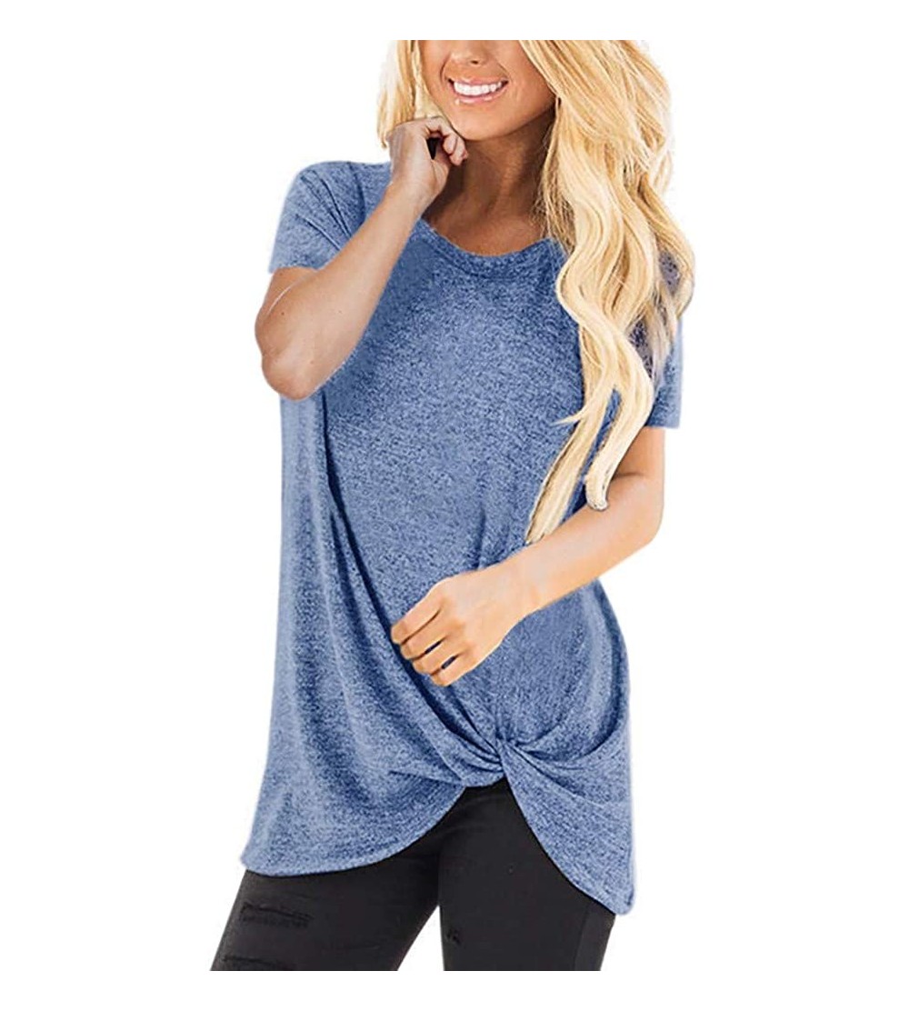 Nightgowns & Sleepshirts Women's Casual Solid Color Short Sleeve O-Neck Shirt Knotted Top T-Shirt - Sky Blue - CW1944RW6L8 $1...