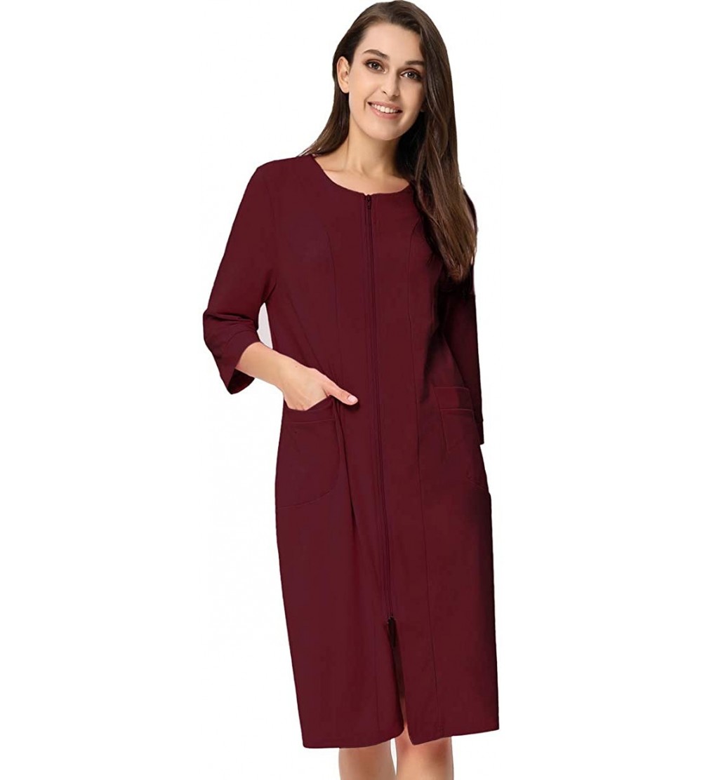 Robes Women Cotton Bathrobe Sleepwear Half Sleeve Zipper Pajama S-2XL - Burgundy - CG18ULHWS8G $24.66