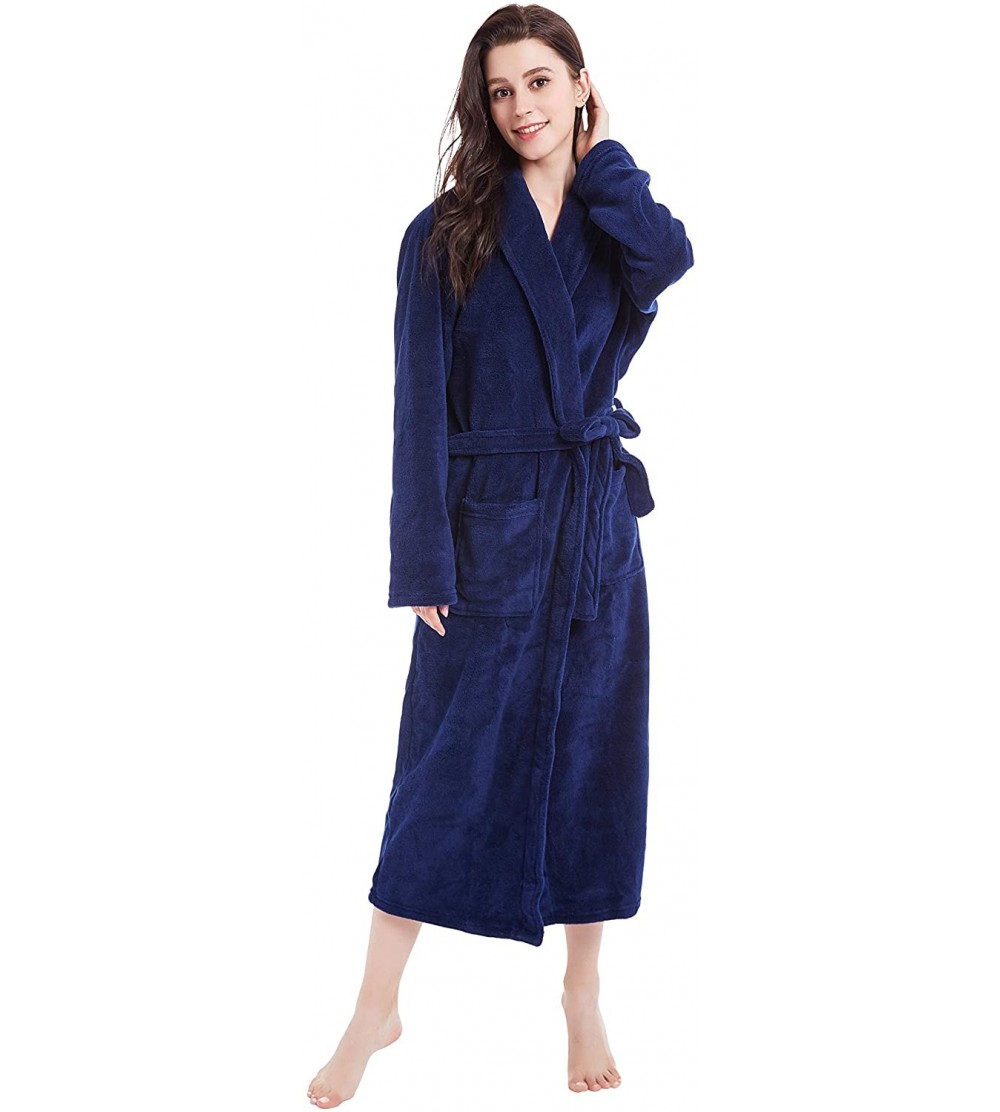 Robes Women's Fleece Bathrobe Long Shawl Collar Plush Robe - Navy Blue - C718G9QH42H $22.26