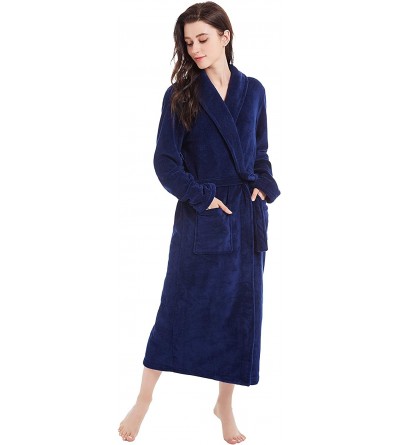 Robes Women's Fleece Bathrobe Long Shawl Collar Plush Robe - Navy Blue - C718G9QH42H $22.26