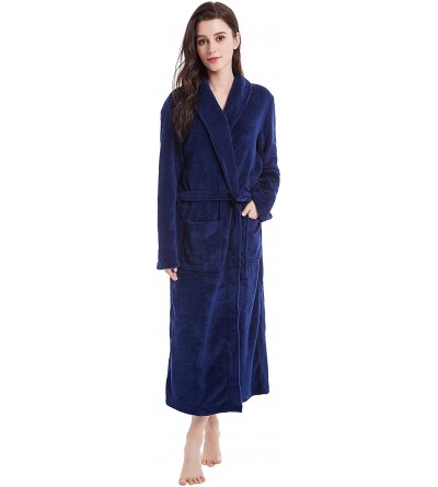 Robes Women's Fleece Bathrobe Long Shawl Collar Plush Robe - Navy Blue - C718G9QH42H $22.26