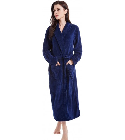 Robes Women's Fleece Bathrobe Long Shawl Collar Plush Robe - Navy Blue - C718G9QH42H $22.26