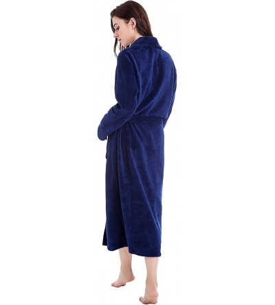 Robes Women's Fleece Bathrobe Long Shawl Collar Plush Robe - Navy Blue - C718G9QH42H $22.26