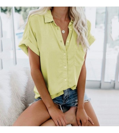 Tops Blouse Short Sleeve Shirt Fashion Womens Short Sleeve Pocket Button Tee Casual Popular Blouse Tops Yellow - CJ18XAT3RAS ...