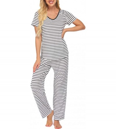 Sets Womens Pajamas Sets V-Neck Short Sleeve Sleepwear Loungewear Soft Striped Pj Sets - Ydf1 - C8196AT9IDD $30.89