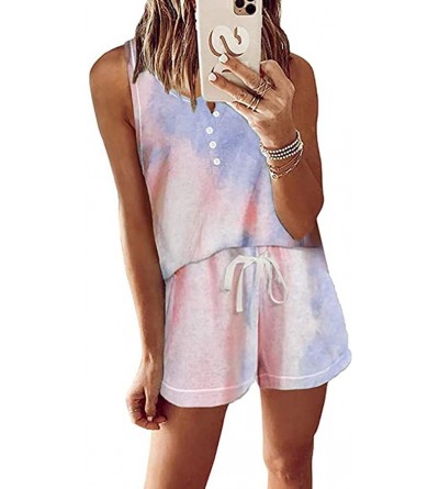 Sets Womens Short Lounge Set Tie Dye Printed Button Sleeveless Tank Tops and Shorts 2 Piece Pajamas Set Sleepwear Blue - C719...