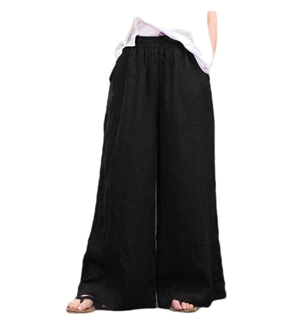 Bottoms Women Middle Waist Lounge Linen Solid-Colored Palazzo Lounge Pants - Black - CT19C8W0QEI $26.97