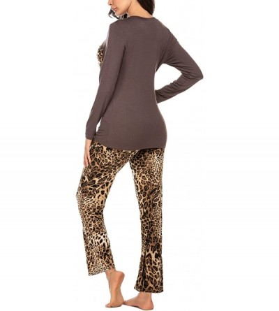 Sets Womens Pajama Set Striped Long Sleeve Top & Pants Sleepwear Pjs Sets - Leopard Print - CC18AKN5ASI $24.37