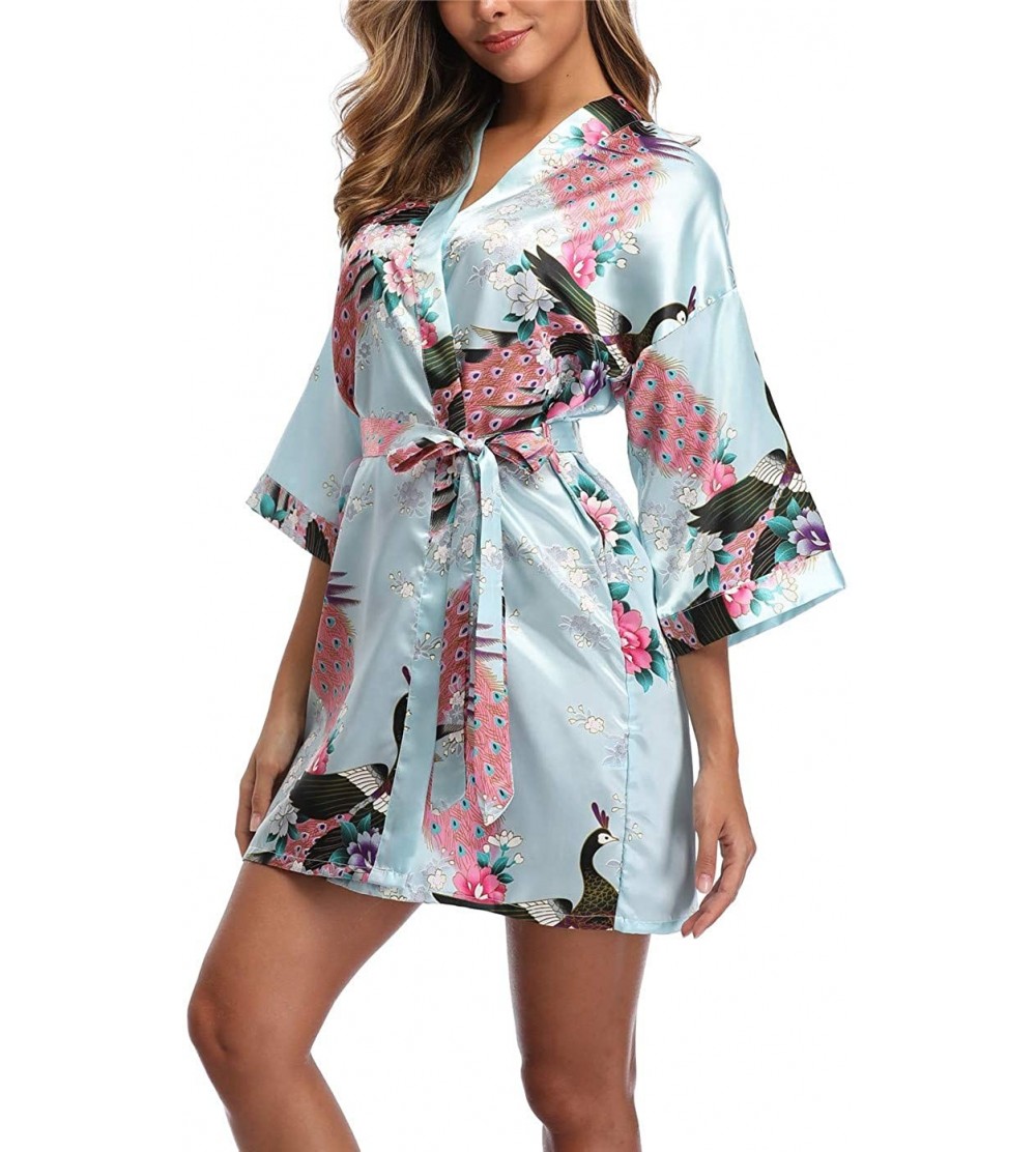 Robes Womens Peacock Pattern Robes Satin Short Loungewear Nightwear Dressing Gown - Light Blue - CN198OOHUGX $13.35