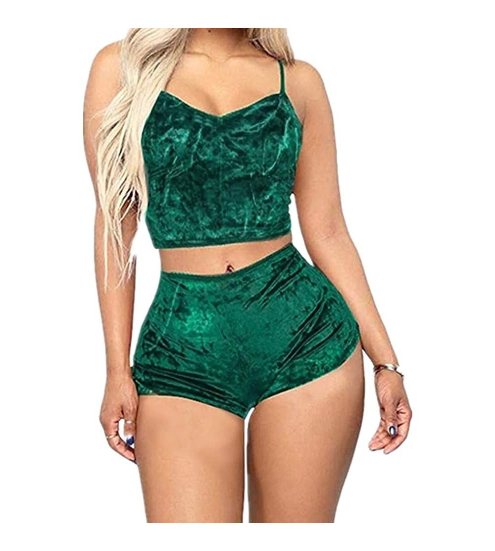 Sets Women Velvet Sleepwear Sexy Strap Shorts Pajama Set Ladies Sleepwear Female - F - CV196Z7K6CL $36.76