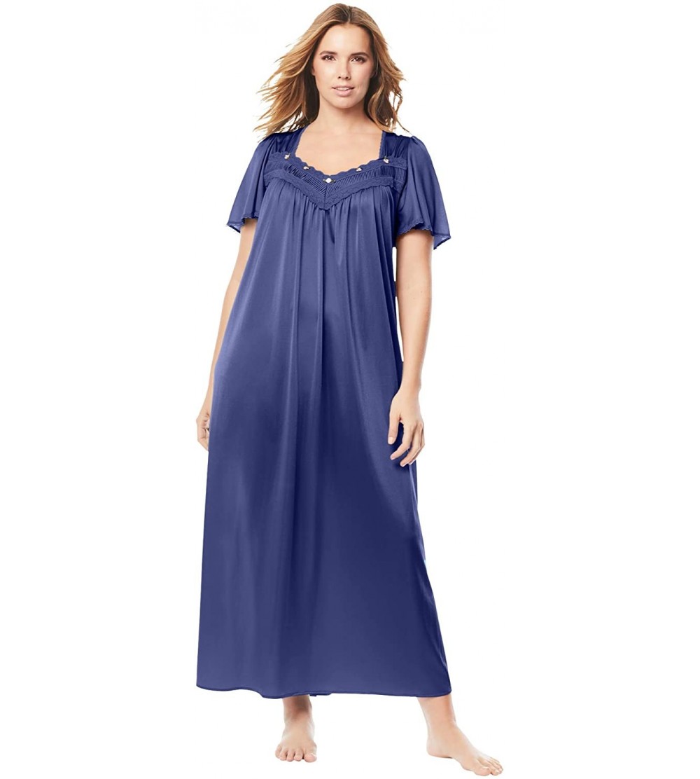 Nightgowns & Sleepshirts Women's Plus Size Long Silky Lace-Trim Gown Pajamas - Ultra Blue (0279) - CM1908O32A3 $29.76