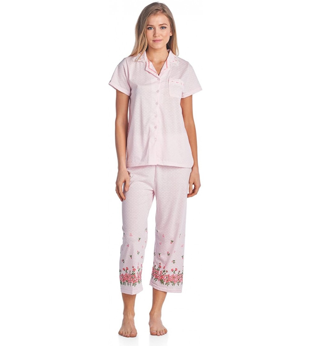 Sets Lace Trim Women's Short Sleeve Capri Pajama Set - Dot Pink - CB17YHCZQ57 $20.90