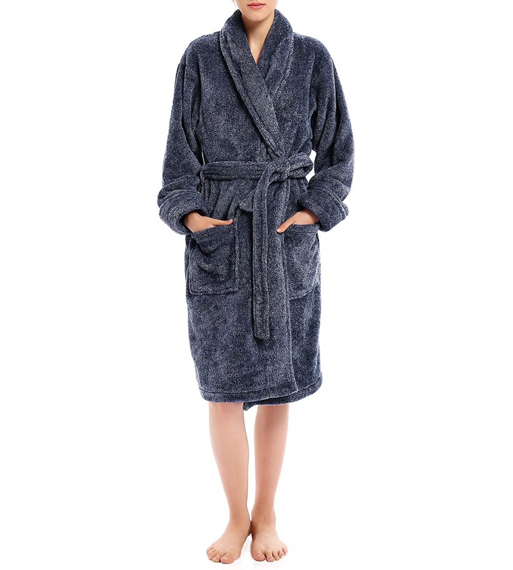 Robes Women's Fleece Robe Shawl Collar Knee Length Bathrobe Winter Lounge Robe Sleepwear - Heather Navy Blue Stripe - CE18WKL...