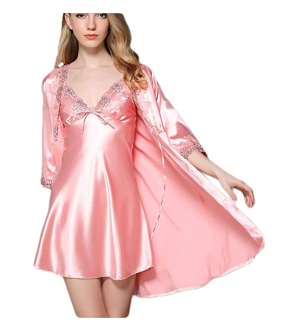 Nightgowns & Sleepshirts Womens 2pcs Satin Nightshirts Sexy Nightdress Spaghetti Strap Nightgown Chemise Slip with Robe Deep ...