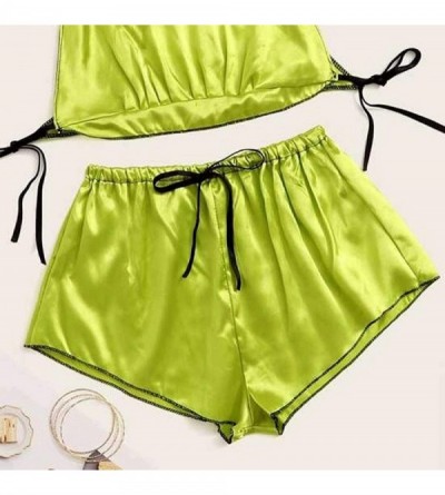 Sets Women Satin Pajamas Set Silk Lace Sleepwear Cami Nightwear Shorts Lingerie 2 Pcs Pajamas - Bandage - Green - CI194CC338I...