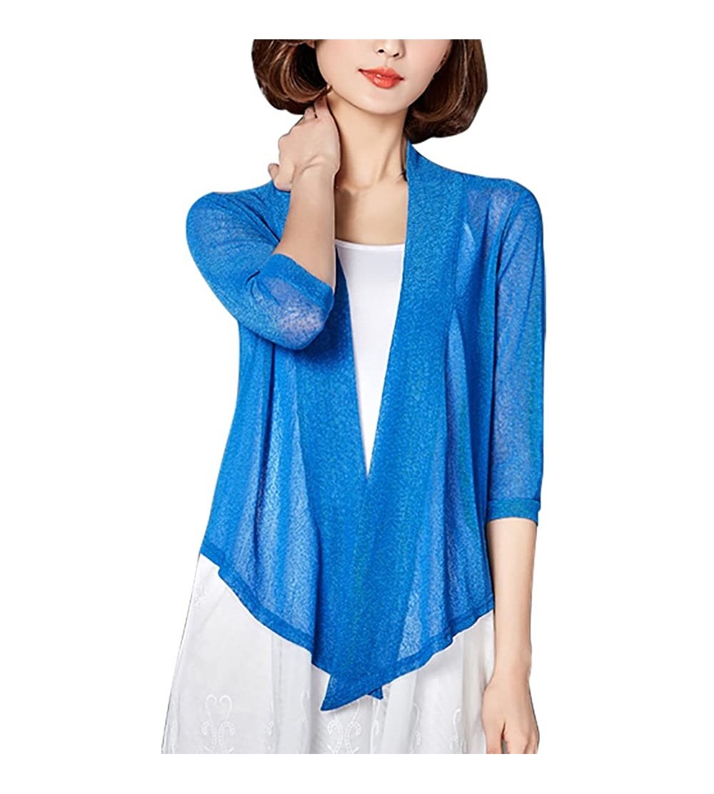 Tops Women Lightweight Summer Cardigan Cropped Sheer Half Sleeve Bolero - Roal Blue - CX190S933AN $14.50