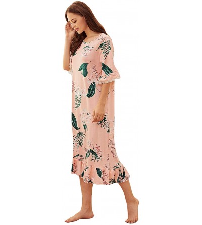 Nightgowns & Sleepshirts Women's Floral Print Ruffle Hem Short Sleeve Night Dress Nightgown - Pink - C5192KSMA0D $18.50