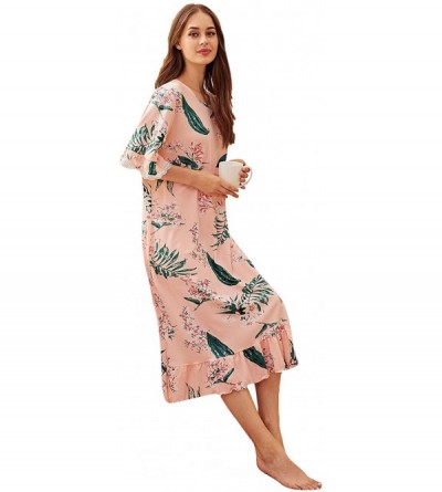 Nightgowns & Sleepshirts Women's Floral Print Ruffle Hem Short Sleeve Night Dress Nightgown - Pink - C5192KSMA0D $18.50