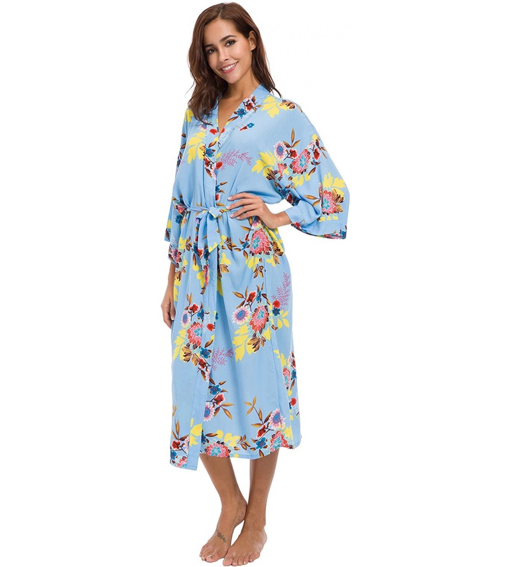 Robes Women Long Cotton Floral Fashion Sexy Bride Robe - Blue - CE18CQLNM0W $19.31