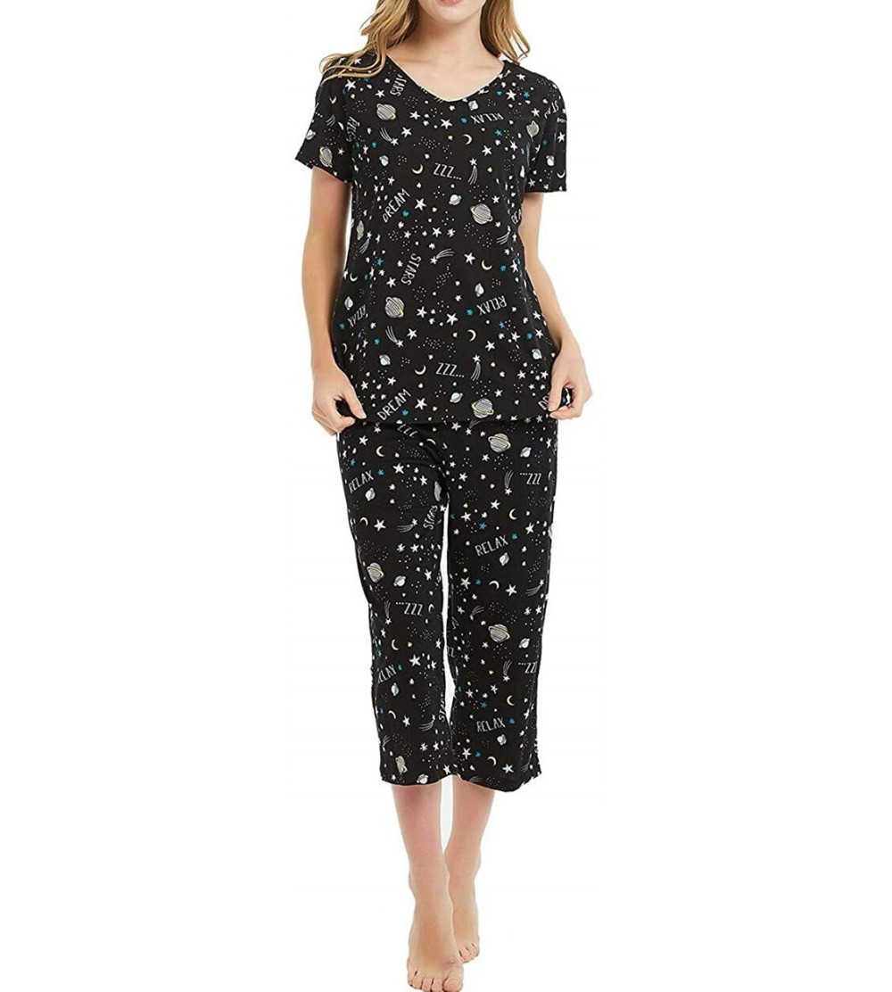 Sets Women's Pajama Set - Sleepwear Tops with Capri Pants Casual and Fun Prints Pajama Sets - Black Star - CN192458K59 $26.43