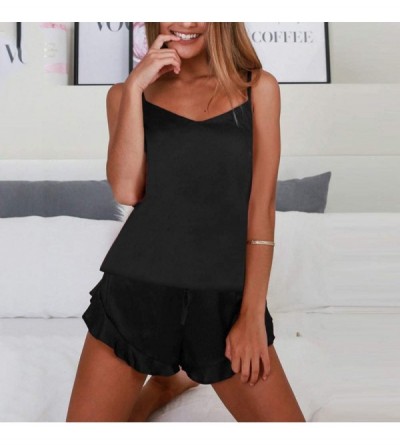 Tops Women Sexy Lingeries Loose Sleepwear Satin Silk Babydoll Lace Up Nightwear Loose Pajamas Set - Black - CP18S6ZWC7O $9.80