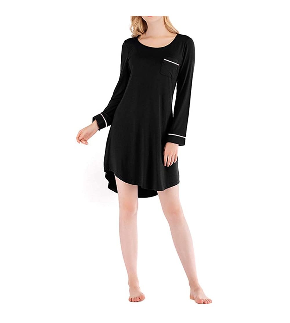 Nightgowns & Sleepshirts Womens Sleepshirt Long Sleeve Nightwear Boyfriend Pajama Dress with Pockets P11 - Black - CU18NCMLHN...