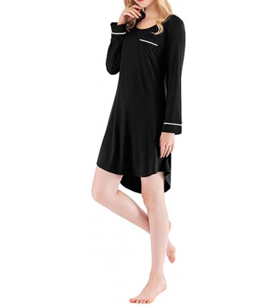 Nightgowns & Sleepshirts Womens Sleepshirt Long Sleeve Nightwear Boyfriend Pajama Dress with Pockets P11 - Black - CU18NCMLHN...