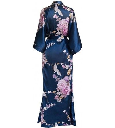 Robes Women's Satin Kimono Robe Long - Floral - Chrysanthemum & Crane - Navy - CP12I3NGI17 $32.20