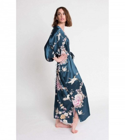 Robes Women's Satin Kimono Robe Long - Floral - Chrysanthemum & Crane - Navy - CP12I3NGI17 $32.20